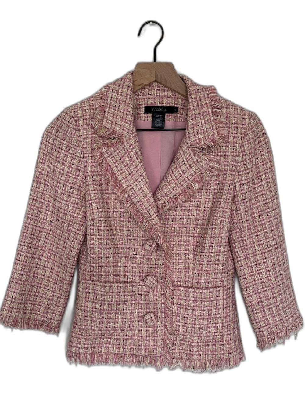 Arden B Women's Office Blazer Pink Tweed Plaid Fringe Size S